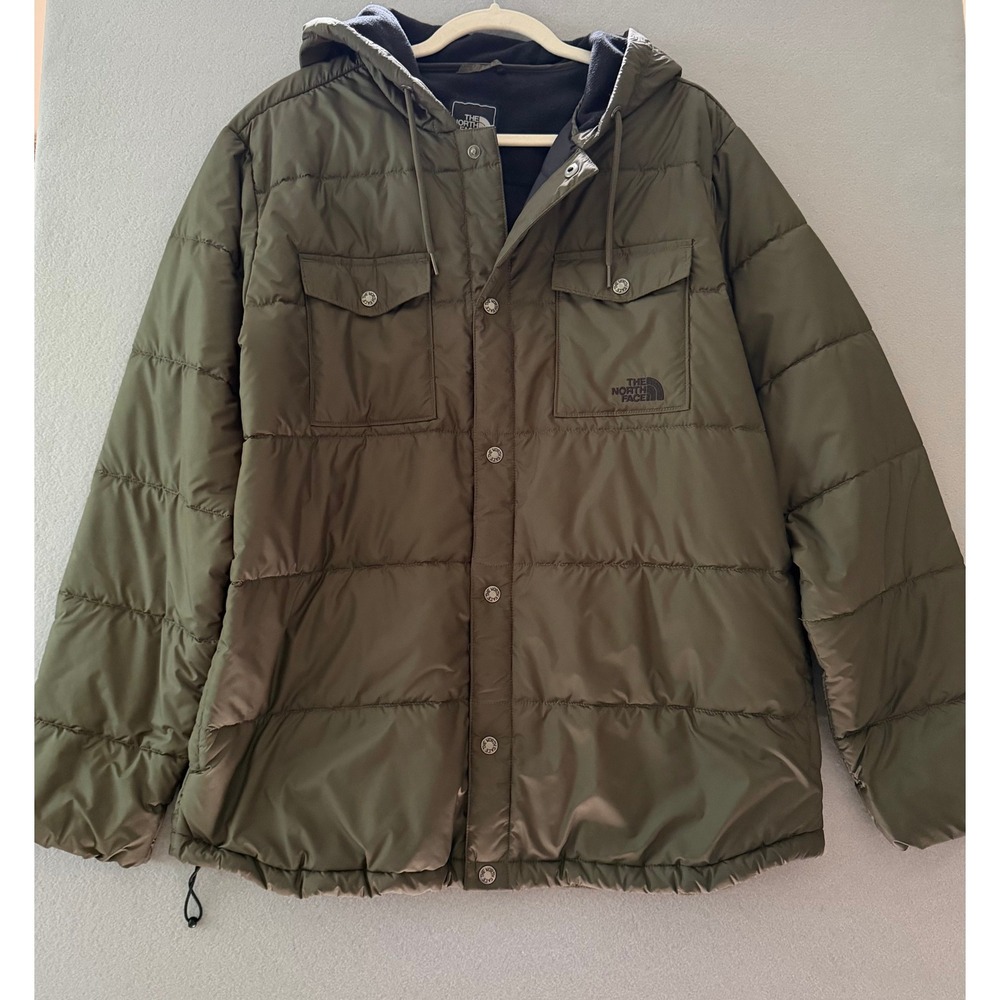 The North Face Hooded Puffer Shirt Jacket Olive Green Quilted Mens Large
